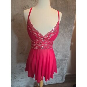 COQUETTE Pink Lace Sequins Babydoll Chemise Lingerie‎ Teddy